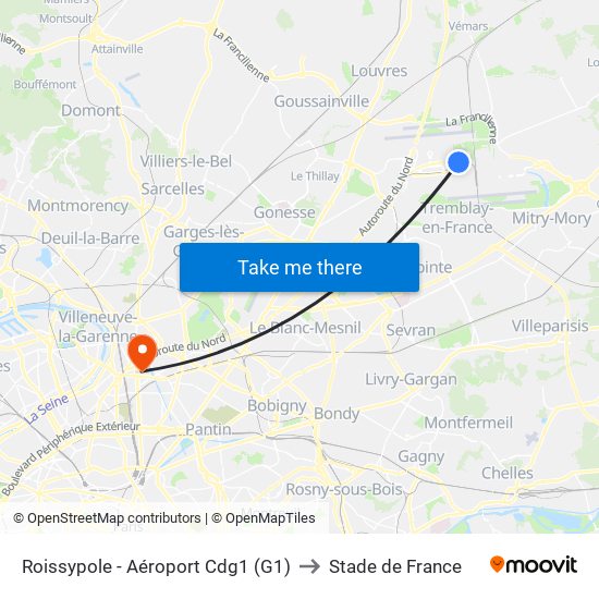 Roissypole - Aéroport Cdg1 (G1) to Stade de France map