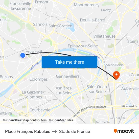 Place François Rabelais to Stade de France map