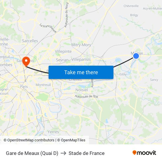 Gare de Meaux (Quai D) to Stade de France map