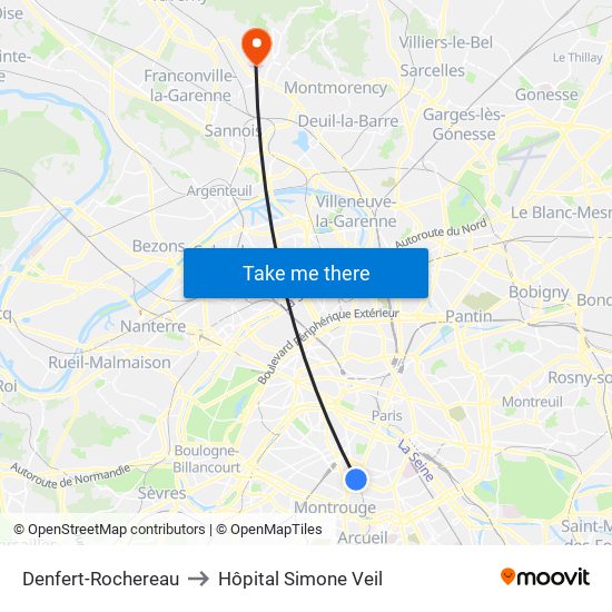 Denfert-Rochereau to Hôpital Simone Veil map