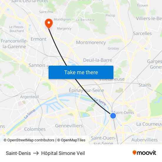 Saint-Denis to Hôpital Simone Veil map