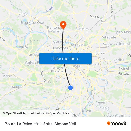 Bourg-La-Reine to Hôpital Simone Veil map