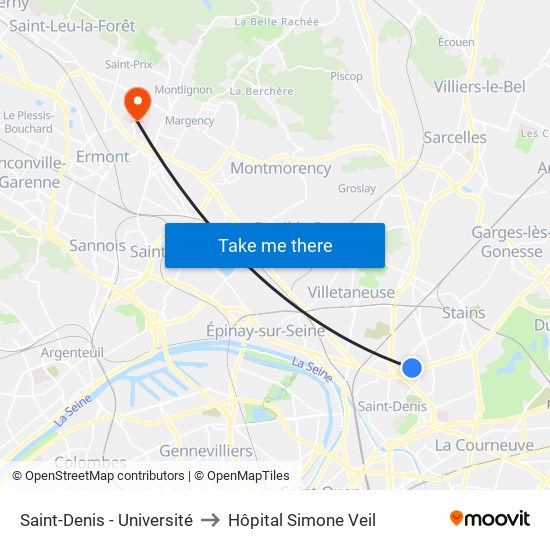 Saint-Denis - Université to Hôpital Simone Veil map