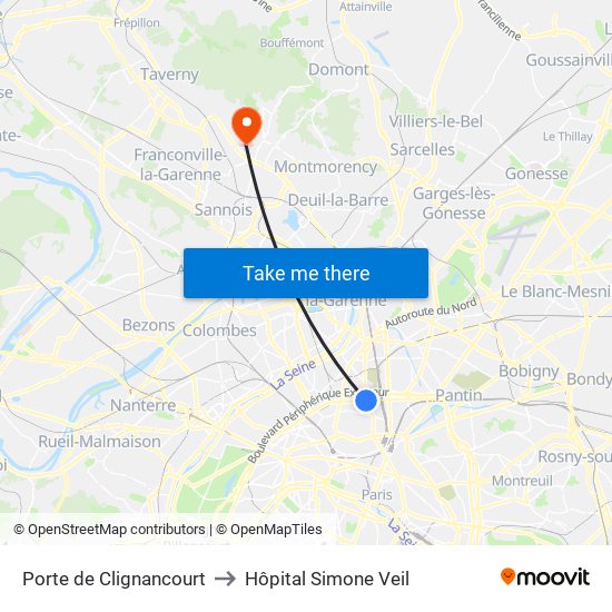 Porte de Clignancourt to Hôpital Simone Veil map