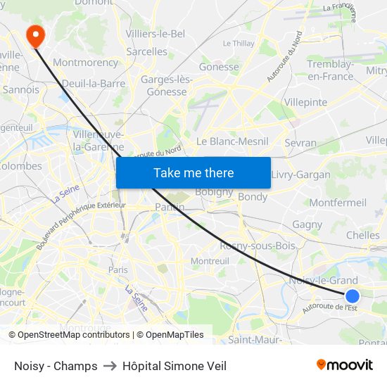 Noisy - Champs to Hôpital Simone Veil map