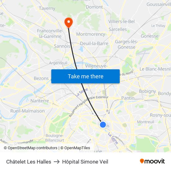 Châtelet Les Halles to Hôpital Simone Veil map