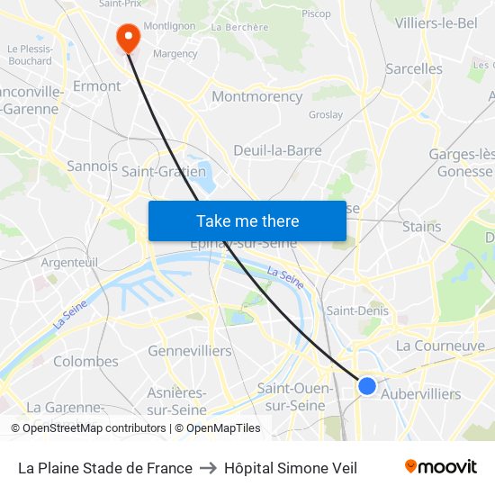 La Plaine Stade de France to Hôpital Simone Veil map