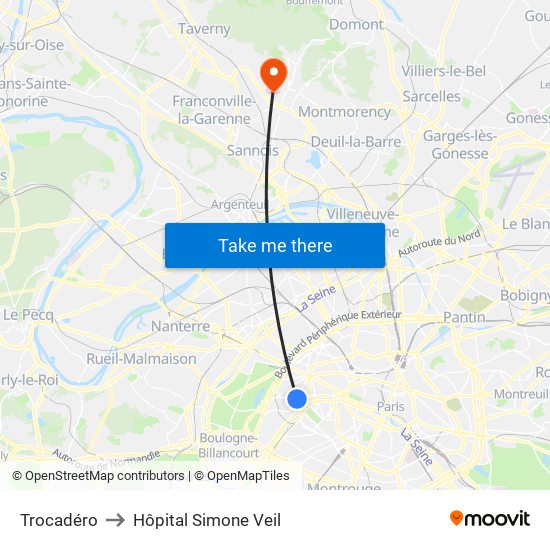 Trocadéro to Hôpital Simone Veil map