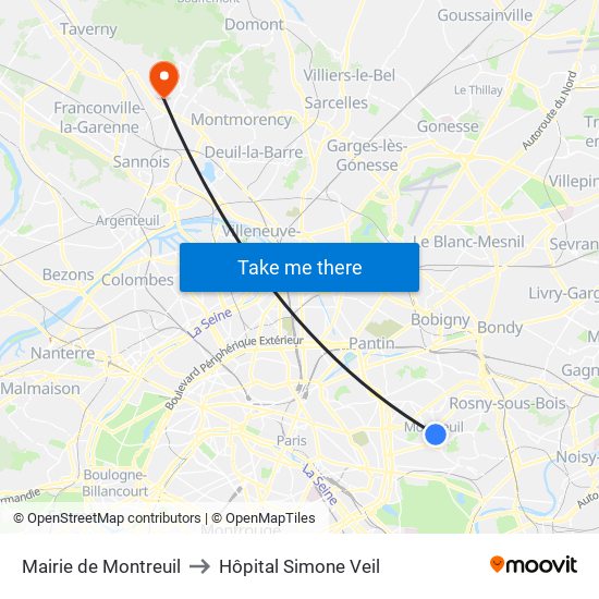 Mairie de Montreuil to Hôpital Simone Veil map