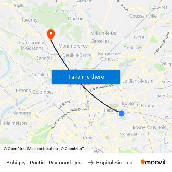 Bobigny - Pantin - Raymond Queneau to Hôpital Simone Veil map