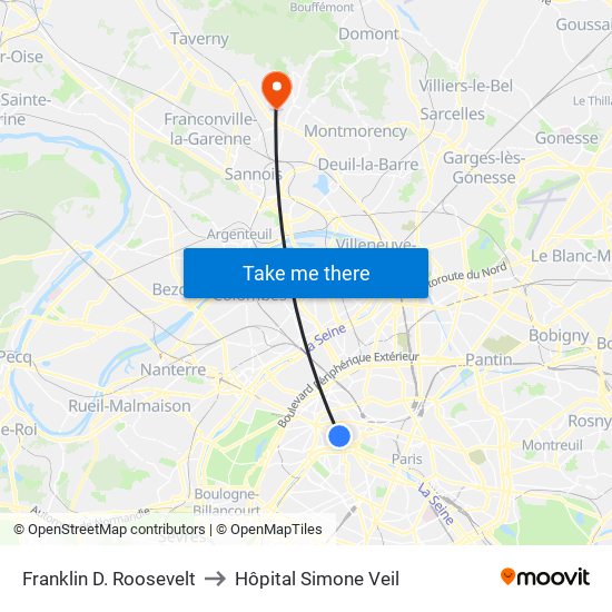 Franklin D. Roosevelt to Hôpital Simone Veil map