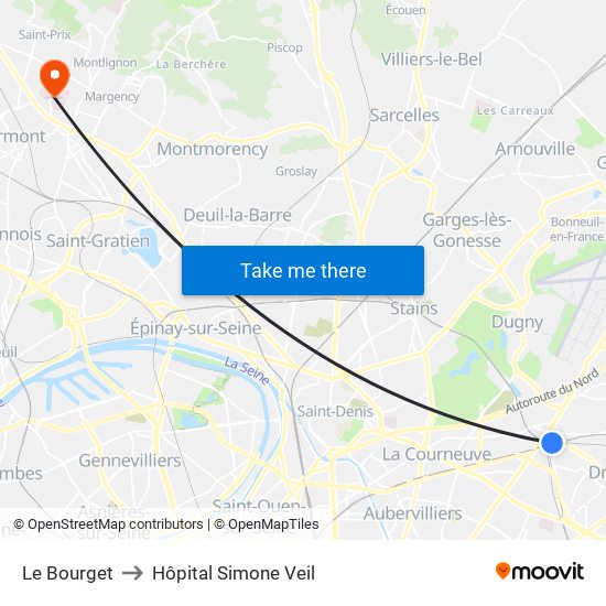 Le Bourget to Hôpital Simone Veil map