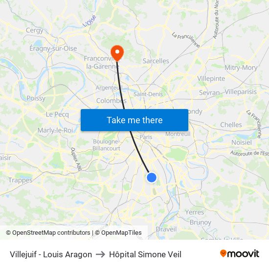 Villejuif - Louis Aragon to Hôpital Simone Veil map