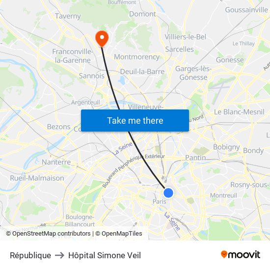 République to Hôpital Simone Veil map