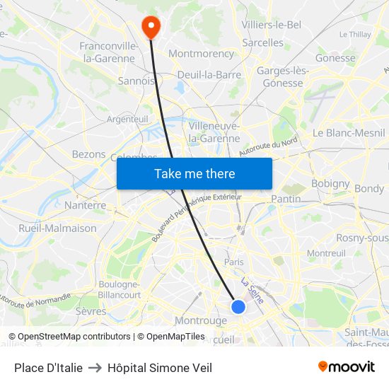 Place D'Italie to Hôpital Simone Veil map