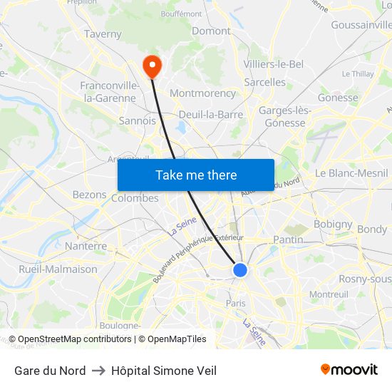 Gare du Nord to Hôpital Simone Veil map