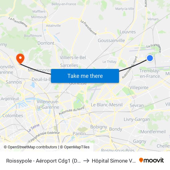 Roissypole - Aéroport Cdg1 (D3) to Hôpital Simone Veil map