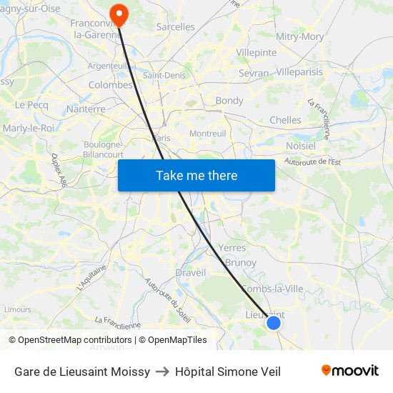 Gare de Lieusaint Moissy to Hôpital Simone Veil map