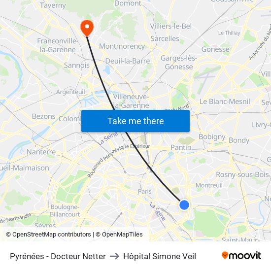 Pyrénées - Docteur Netter to Hôpital Simone Veil map