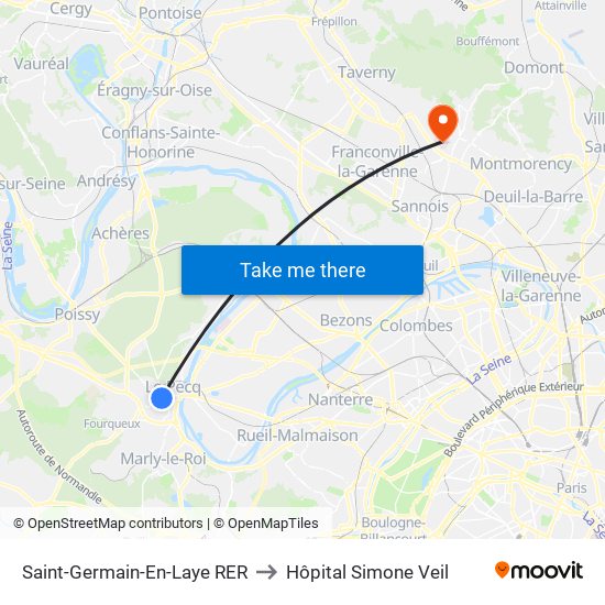 Saint-Germain-En-Laye RER to Hôpital Simone Veil map