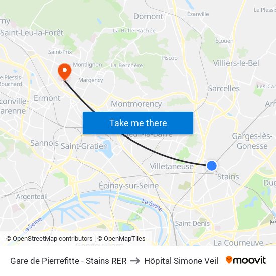 Gare de Pierrefitte - Stains RER to Hôpital Simone Veil map