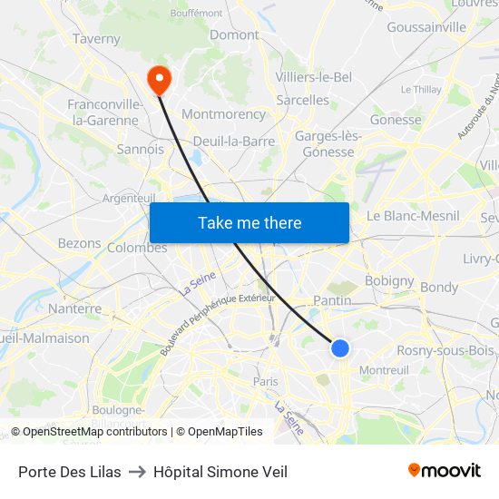 Porte Des Lilas to Hôpital Simone Veil map