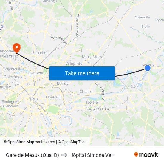 Gare de Meaux (Quai D) to Hôpital Simone Veil map