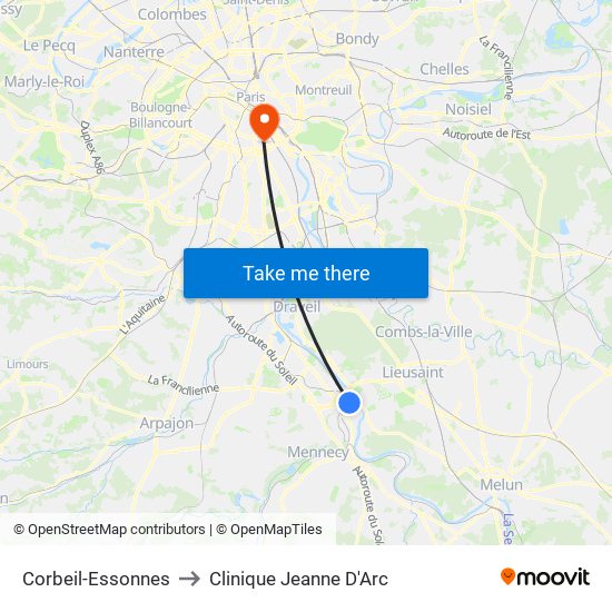 Corbeil-Essonnes to Clinique Jeanne D'Arc map