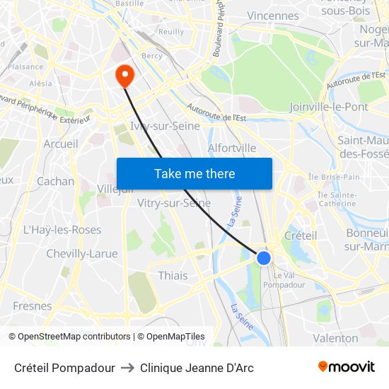 Créteil Pompadour to Clinique Jeanne D'Arc map
