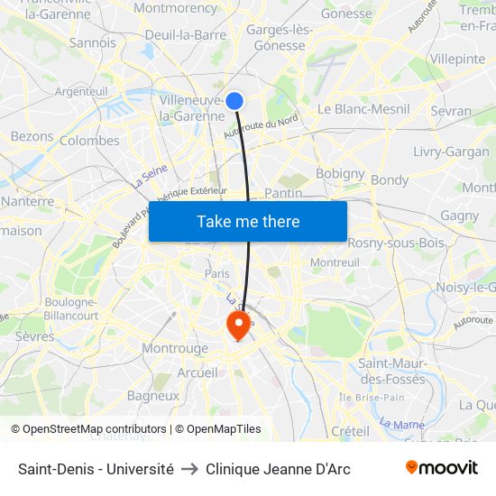 Saint-Denis - Université to Clinique Jeanne D'Arc map