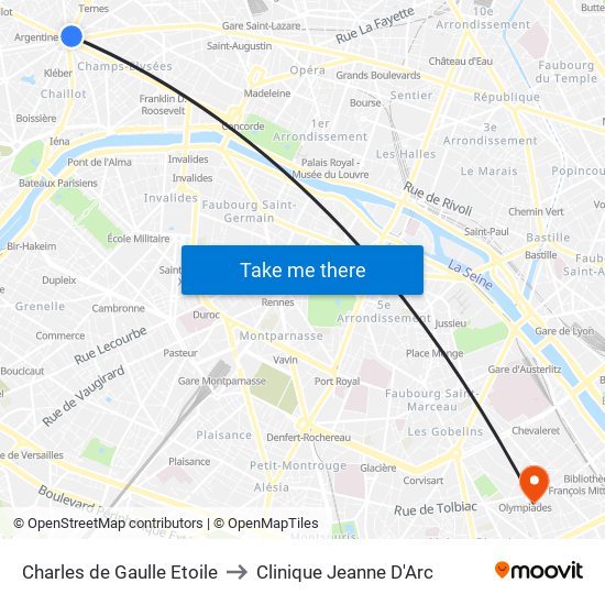 Charles de Gaulle Etoile to Clinique Jeanne D'Arc map