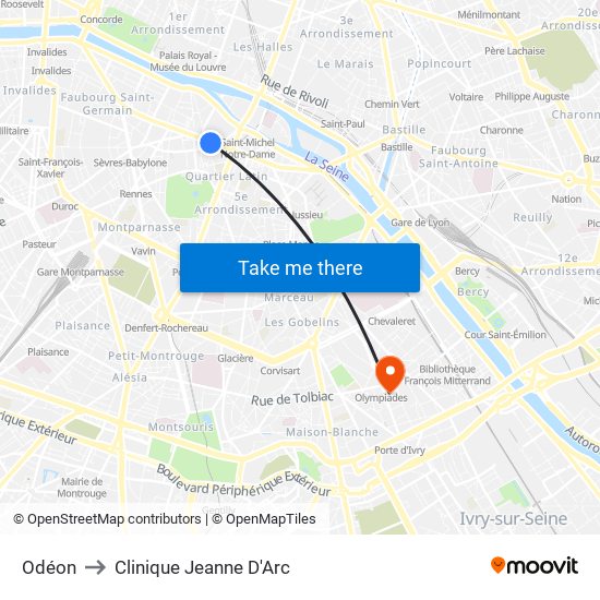 Odéon to Clinique Jeanne D'Arc map