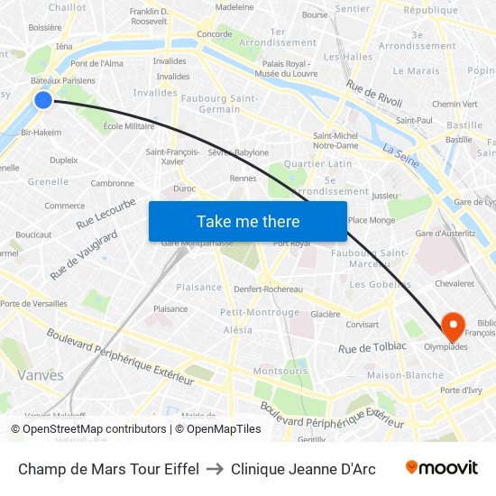 Champ de Mars Tour Eiffel to Clinique Jeanne D'Arc map