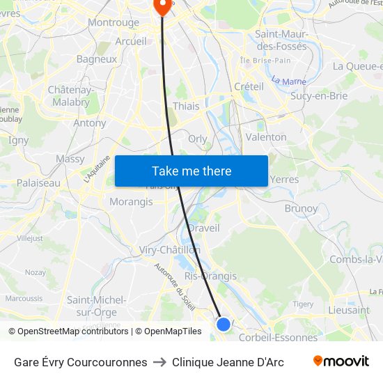 Gare Évry Courcouronnes to Clinique Jeanne D'Arc map