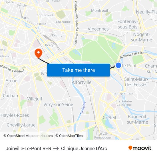 Joinville-Le-Pont RER to Clinique Jeanne D'Arc map