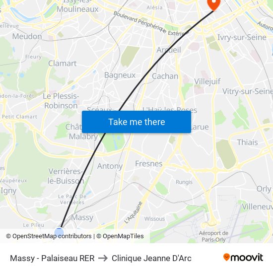 Massy - Palaiseau RER to Clinique Jeanne D'Arc map