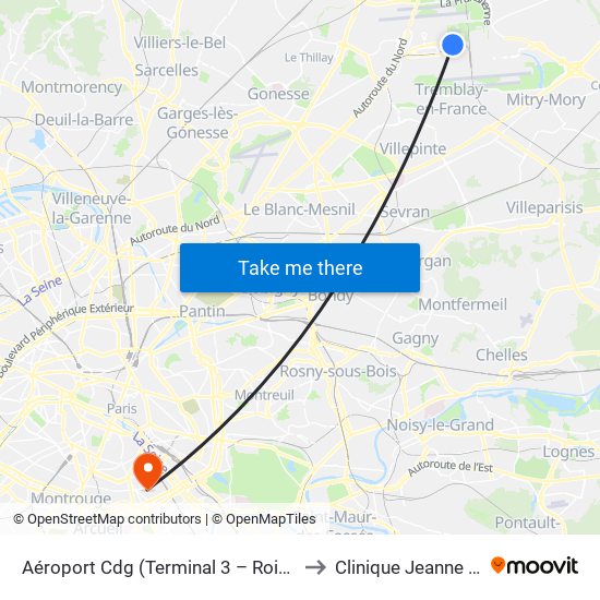 Aéroport Cdg (Terminal 3 – Roissypôle) to Clinique Jeanne D'Arc map