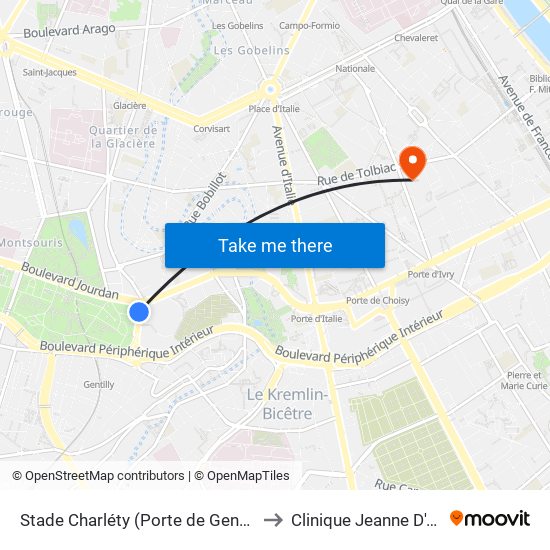 Stade Charléty (Porte de Gentilly) to Clinique Jeanne D'Arc map