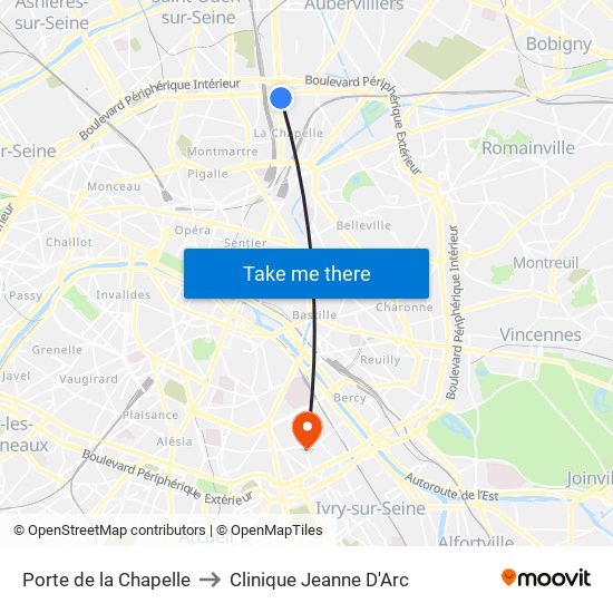Porte de la Chapelle to Clinique Jeanne D'Arc map