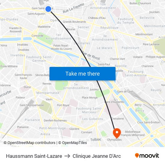 Haussmann Saint-Lazare to Clinique Jeanne D'Arc map