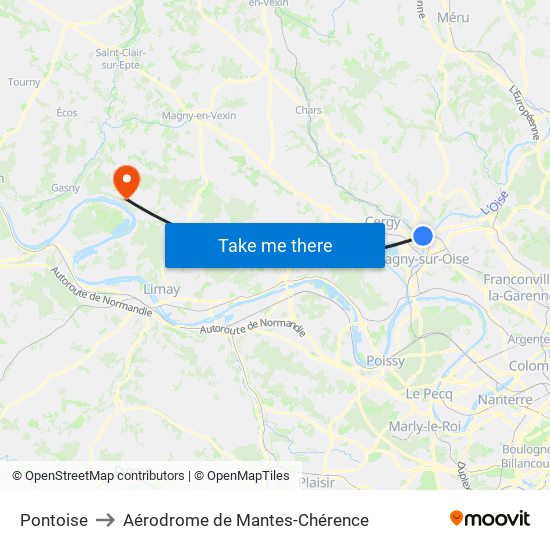 Pontoise to Aérodrome de Mantes-Chérence map