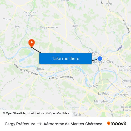 Cergy Préfecture to Aérodrome de Mantes-Chérence map