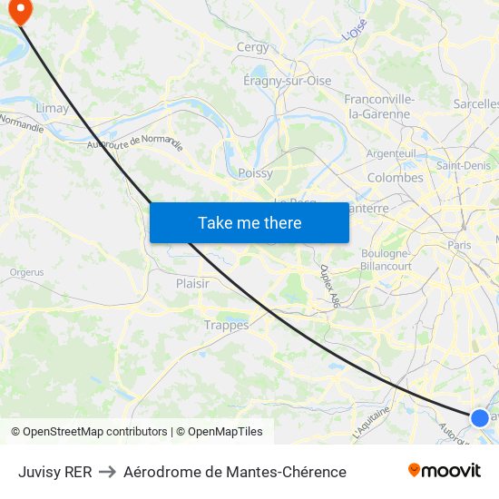 Juvisy RER to Aérodrome de Mantes-Chérence map