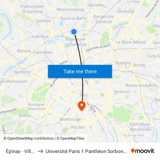 Épinay - Villetaneuse to Université Paris 1 Panthéon Sorbonne Centre René-Cassin map