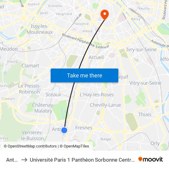 Antony to Université Paris 1 Panthéon Sorbonne Centre René-Cassin map