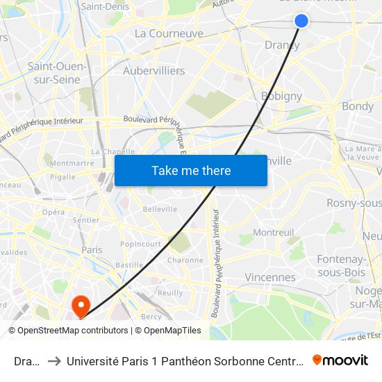 Drancy to Université Paris 1 Panthéon Sorbonne Centre René-Cassin map