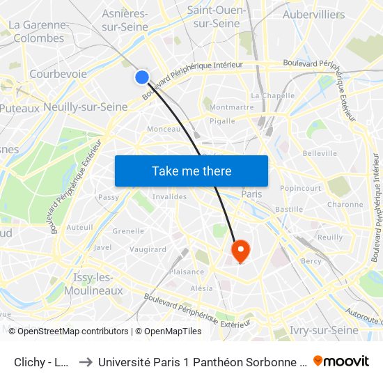 Clichy - Levallois to Université Paris 1 Panthéon Sorbonne Centre René-Cassin map