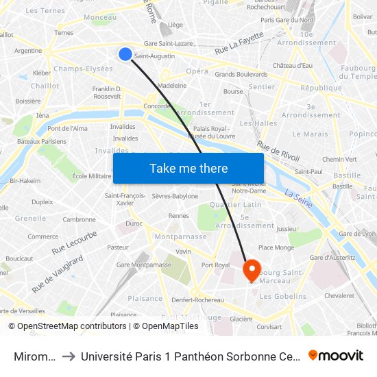 Miromesnil to Université Paris 1 Panthéon Sorbonne Centre René-Cassin map