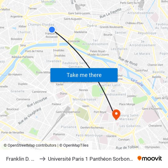Franklin D. Roosevelt to Université Paris 1 Panthéon Sorbonne Centre René-Cassin map
