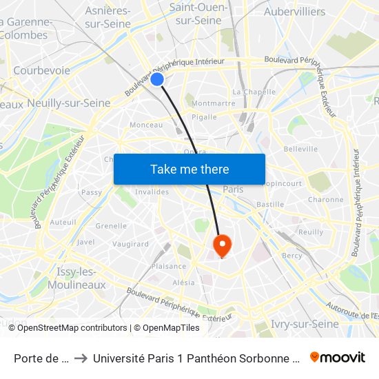Porte de Clichy to Université Paris 1 Panthéon Sorbonne Centre René-Cassin map